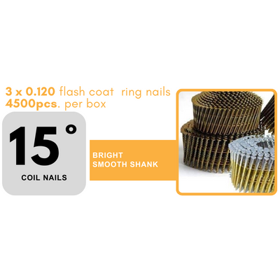 15 D WIRE 3 X 0.120 FLASH COAT BRIGHT RING NAILS 4500pcs per box