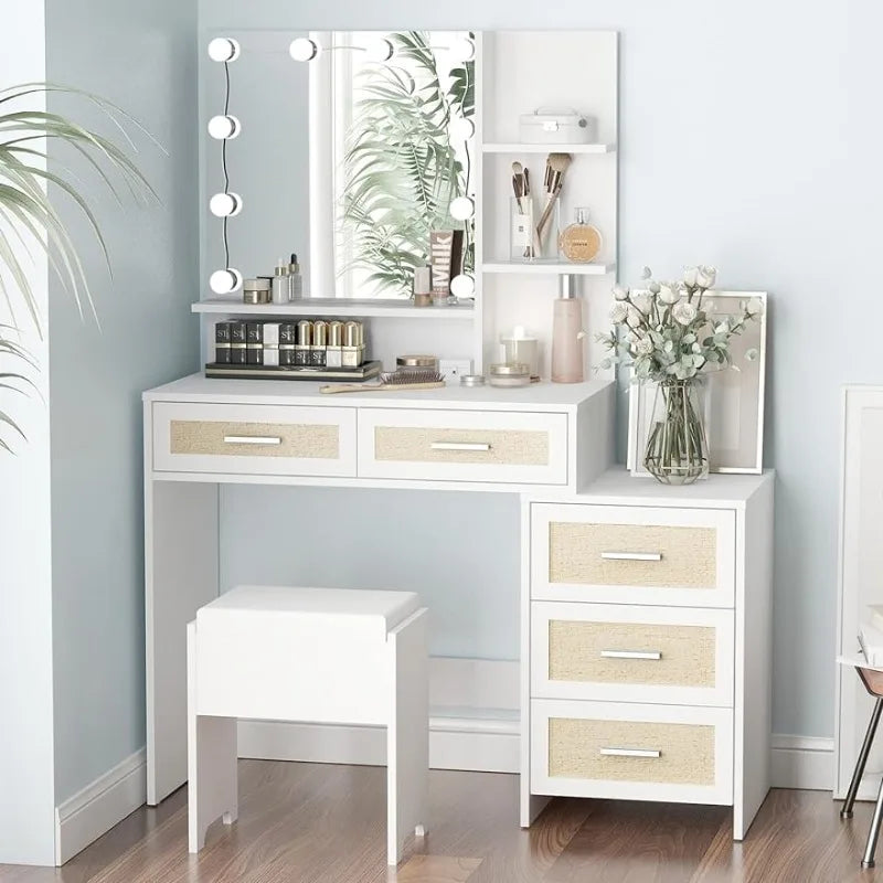 Vanity Desk with Mirror and Lights, White Vanity with Bedside Table, 5 Drawers Large Capacity, Metal Silver Handle