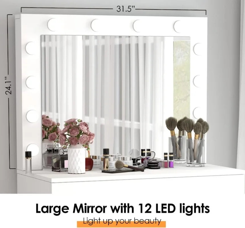Makeup Vanity Desk with Mirror and 12 Lights 3 Color Modes Vanity Set with Large Mirror and Storage Stool