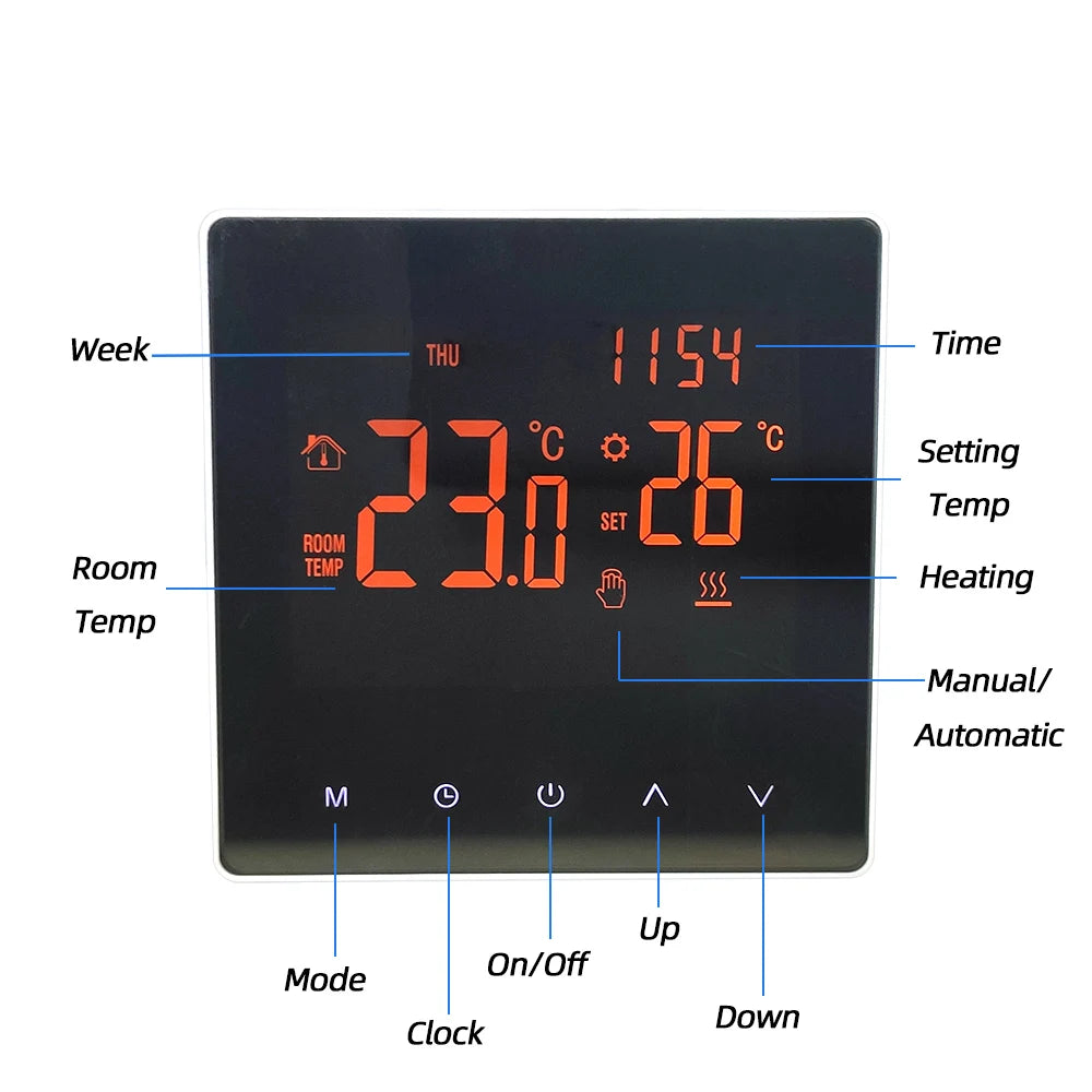 ME81 Tuya App Wifi Thermostat Mirror LCD Touch Screen for Electric/Water/Gas boiler warm floor, Google Home, Alexa