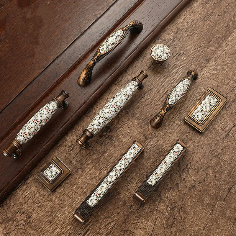 Antique Bronze Ceramic Cabinet Handles Vintage Drawer Knobs Wardrobe Door Handles European Furniture Handle Hardware